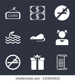 Set Of 9 simple icons such as List, Gift, No smoking, Girl, Rats, Wave, Money, Closed, can be used for mobile, pixel perfect vector icon pack on black background