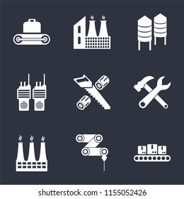 Set Of 9 simple icons such as Conveyor, Drilling machine, Factory, Tools, Wood cutting, Walkie talkie, Silo, can be used for mobile, pixel perfect vector icon pack on black