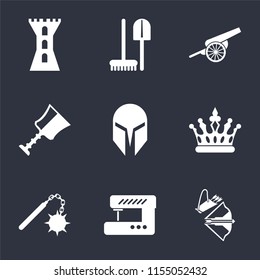 Set Of 9 simple icons such as Crossbow, Sewing machine, Morning star, Crown, Helmet, Cup, Cannon, Tools, Tower, can be used for mobile, pixel perfect vector icon pack on black background