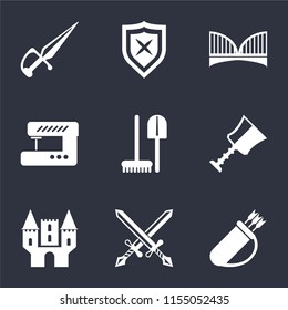 Set Of 9 simple icons such as Quiver, Swords, Castle, Cup, Tools, Sewing machine, Bridge, Shield, Dagger, can be used for mobile, pixel perfect vector icon pack on black background
