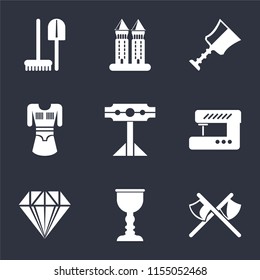 Set Of 9 simple icons such as Axes, Goblet, Jewelry, Sewing machine, Pillory, Tunic, Cup, Tower, Tools, can be used for mobile, pixel perfect vector icon pack on black background