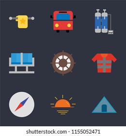 Set Of 9 simple icons such as Tent, Sunset, Compass, Lifejacket, Helm, Waiting room, Oxygen tank, Bus, Towel, can be used for mobile, pixel perfect vector icon pack on black background