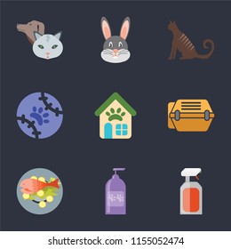 Set Of 9 simple icons such as Spray, Shampoo, Fish food, Animal carrier, Pet shop, Tennis, Cat, Rabbit, Pet, can be used for mobile, pixel perfect vector icon pack on black background