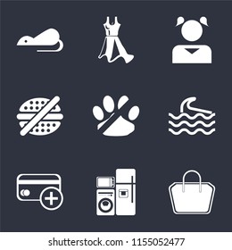 Set Of 9 simple icons such as Tote bag, Electrical appliances, Cit card, Wave, No pets, fast food, Girl, Dress, Rats, can be used for mobile, pixel perfect vector icon pack on black background