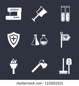 Set Of 9 simple icons such as Tools, Axe, Torch, Standard, Alchemy, Shield, Cup, Sewing machine, can be used for mobile, pixel perfect vector icon pack on black background