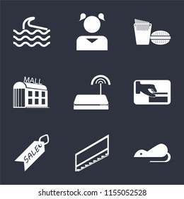Set Of 9 simple icons such as Rats, Stairs, Sale, Card payment, Wifi, Mall, Fast food, Girl, Wave, can be used for mobile, pixel perfect vector icon pack on black background