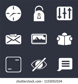 Set Of 9 simple icons such as Notification, Hide, Frame, Reading, Photos, Send, Controls, Locked, Clock, can be used for mobile, pixel perfect vector icon pack on black background