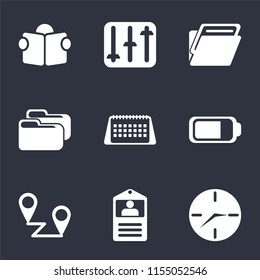 Set Of 9 simple icons such as Clock, Id card, Placeholders, Battery, Calendar, Folder, Controls, Reading, can be used for mobile, pixel perfect vector icon pack on black background