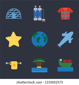 Set Of 9 simple icons such as Ship, Island, Towel, Plane, Travel, Starfish, Lifejacket, Oxygen tank, Igloo, can be used for mobile, pixel perfect vector icon pack on black background