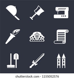 Set Of 9 simple icons such as Tower, Sword, Tools, Scroll, Crown, Torch, Sewing machine, Cup, Hat, can be used for mobile, pixel perfect vector icon pack on black background