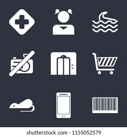 Set Of 9 simple icons such as Barcode, Smartphone, Rats, Shopping cart, Lift, No camera, Wave, Girl, Hospital, can be used for mobile, pixel perfect vector icon pack on black background