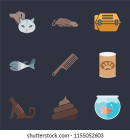 Set Of 9 simple icons such as Fishbowl, Poop, Cat, Pet food, Comb, Fish, Animal carrier, Mouse, Pet, can be used for mobile, pixel perfect vector icon pack on black background