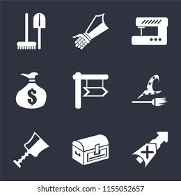 Set Of 9 simple icons such as Lance, Chest, Cup, Witch, Money bag, Sewing machine, Gauntlet, Tools, can be used for mobile, pixel perfect vector icon pack on black background