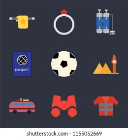 Set Of 9 simple icons such as Lifejacket, Binoculars, Minivan, Landmark, Ball, Passport, Oxygen tank, Ring, Towel, can be used for mobile, pixel perfect vector icon pack on black background