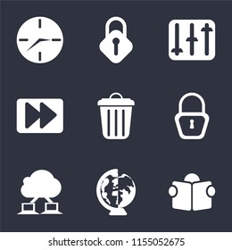 Set Of 9 simple icons such as Reading, Worldwide, Cloud computing, Locked, Garbage, Fast forward, Controls, Lock, Clock, can be used for mobile, pixel perfect vector icon pack on black background