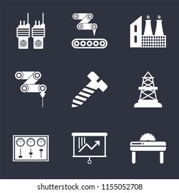 Set Of 9 simple icons such as Saw, Planning, Control panel, Oilfield, Bolt, Drilling machine, Factory, Conveyor, Walkie talkie, can be used for mobile, pixel perfect vector icon pack on black