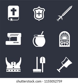 Set Of 9 simple icons such as Cup, Tools, Viking, Stained glass window, Cauldron, Sewing machine, Sword, Shield, Bible, can be used for mobile, pixel perfect vector icon pack on black background