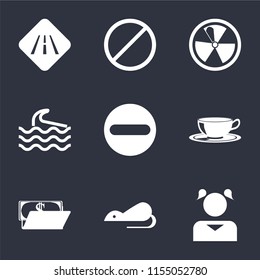 Set Of 9 simple icons such as Girl, Rats, Wallet, Coffee cup, Forbidden, Wave, Radiation, Road, can be used for mobile, pixel perfect vector icon pack on black background
