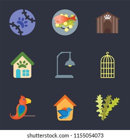 Set Of 9 simple icons such as Seaweed, Bird house, Parrot, cage, Lamp, Pet shop, Kennel, Fish food, Tennis, can be used for mobile, pixel perfect vector icon pack on black background