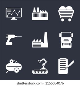 Set Of 9 simple icons such as Planing, Conveyor, Compressor, Truck, Factory, Drill, Coal, Stock, can be used for mobile, pixel perfect vector icon pack on black background