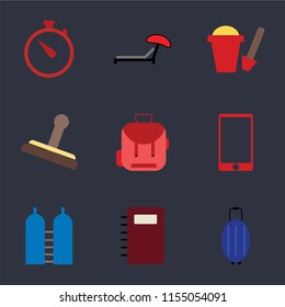 Set Of 9 simple icons such as Luggage, Notebook, Oxygen, Phone, Backpack, Stamp, Sand bucket, Sunbed, Time, can be used for mobile, pixel perfect vector icon pack on black background