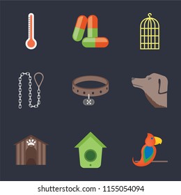 Set Of 9 simple icons such as Parrot, Birdhouse, Kennel, Dog, Collar, Leash, Bird cage, Drugs, Thermometer, can be used for mobile, pixel perfect vector icon pack on black background