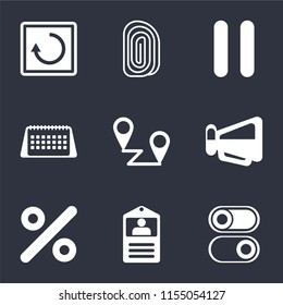 Set Of 9 simple icons such as Switch, Id card, Percent, Megaphone, Placeholders, Calendar, Pause, Fingerprint, Restart, can be used for mobile, pixel perfect vector icon pack on black background