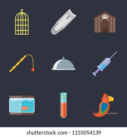 Set Of 9 simple icons such as Parrot, Test tube, Aquarium, Syringe, Food, Toy, Kennel, Nail clippers, Bird cage, can be used for mobile, pixel perfect vector icon pack on black background