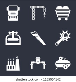 Set Of 9 simple icons such as Compressor, Pump, Factory, Maintenance, Saw, Machine press, Coal, Crane, Truck, can be used for mobile, pixel perfect vector icon pack on black background