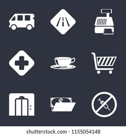 Set Of 9 simple icons such as No drugs, Wallet, Lift, Shopping cart, Coffee cup, Hospital, Cashier machine, Road, Bus, can be used for mobile, pixel perfect vector icon pack on black background