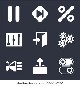 Set Of 9 simple icons such as Switch, Upload, Speaker, Settings, Exit, Controls, Percent, Skip, Pause, can be used for mobile, pixel perfect vector icon pack on black background