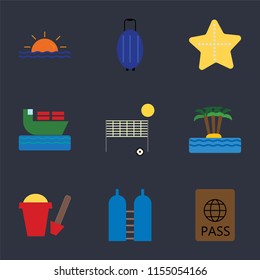 Set Of 9 simple icons such as Passport, Oxygen, Sand bucket, Island, Beach volleyball, Ship, Starfish, Luggage, Sunset, can be used for mobile, pixel perfect vector icon pack on black background