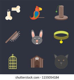 Set Of 9 simple icons such as Cat, Kennel, Bird cage, Collar, Rabbit, Brush, Scratching, Parrot, Bone, can be used for mobile, pixel perfect vector icon pack on black background