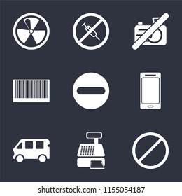 Set Of 9 simple icons such as Forbidden, Cashier machine, Bus, Smartphone, Barcode, No camera, drugs, Radiation, can be used for mobile, pixel perfect vector icon pack on black
