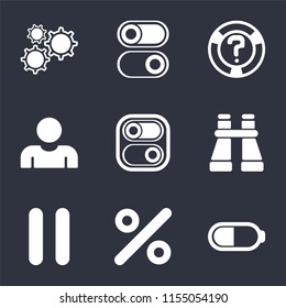 Set Of 9 simple icons such as Battery, Percent, Pause, Binoculars, Switch, User, Help, Settings, can be used for mobile, pixel perfect vector icon pack on black background