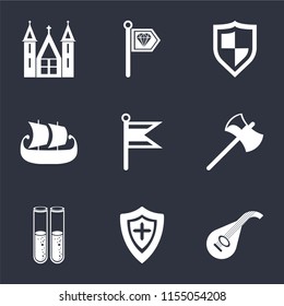 Set Of 9 simple icons such as Lute, Shield, Alchemy, Axe, Flag, Ship, Standard, Church, can be used for mobile, pixel perfect vector icon pack on black background