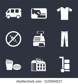 Set Of 9 simple icons such as Trolley, Mall, Fast food, Jeans, Cashier machine, No drugs, Shirt, Card payment, Bus, can be used for mobile, pixel perfect vector icon pack on black background