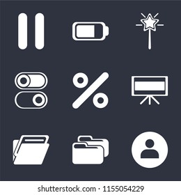 Set Of 9 simple icons such as User, Folder, Television, Percent, Switch, Magic wand, Battery, Pause, can be used for mobile, pixel perfect vector icon pack on black background
