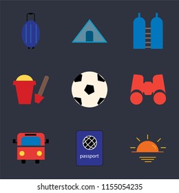 Set Of 9 simple icons such as Sunset, Passport, Bus, Binoculars, Ball, Sand bucket, Oxygen, Tent, Luggage, can be used for mobile, pixel perfect vector icon pack on black background