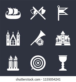 Set Of 9 simple icons such as Goblet, Archery, Tower, Castle, Fanfare, Church, Flag, Axes, Ship, can be used for mobile, pixel perfect vector icon pack on black background