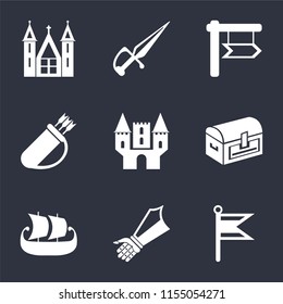 Set Of 9 simple icons such as Flag, Gauntlet, Ship, Chest, Castle, Quiver, Dagger, Church, can be used for mobile, pixel perfect vector icon pack on black background