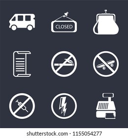 Set Of 9 simple icons such as Cashier machine, Electricity, No drugs, Skateboard, smoking, List, Purse, Closed, Bus, can be used for mobile, pixel perfect vector icon pack on black background