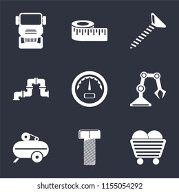 Set Of 9 simple icons such as Coal, Bolt, Compressor, Industrial robot, Gauge, Pipe, Screw, Measure, Truck, can be used for mobile, pixel perfect vector icon pack on black background