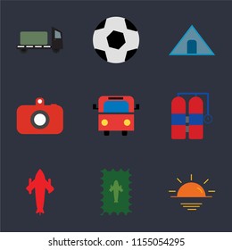 Set Of 9 simple icons such as Sunset, Postage, Airplane, Aqualung, Bus, Camera, Tent, Ball, Trailer, can be used for mobile, pixel perfect vector icon pack on black background