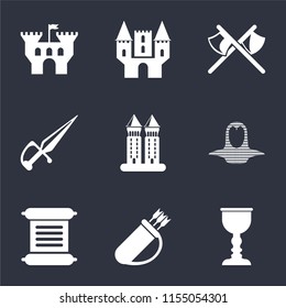 Set Of 9 simple icons such as Goblet, Quiver, Scroll, Coif, Tower, Dagger, Axes, Castle, can be used for mobile, pixel perfect vector icon pack on black background
