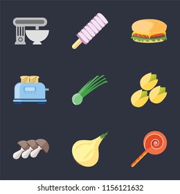 Set Of 9 simple icons such as Jawbreaker, Onion, Mushrooms, Pistachio, Chives, Toaster, Hamburguer, Ice cream, Mixer, can be used for mobile, pixel perfect vector icon pack on black background