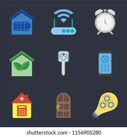 Set Of 9 simple icons such as Smart, Door, Home, Remote, Smart key, home, Alarm, Modem, can be used for mobile, pixel perfect vector icon pack on black background