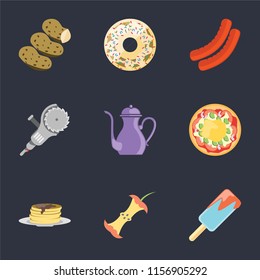Set Of 9 simple icons such as Ice cream, Apple, Pancakes, Pizza, Teapot, Grinder, Sausage, Doughnut, Potatoes, can be used for mobile, pixel perfect vector icon pack on black background