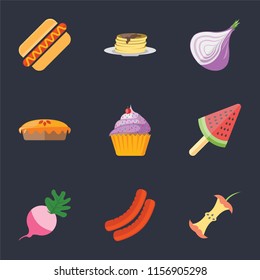 Set Of 9 simple icons such as Apple, Sausage, Radish, Ice cream, Cupcake, Pie, Onion, Pancakes, Hot dog, can be used for mobile, pixel perfect vector icon pack on black background