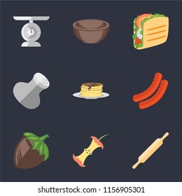 Set Of 9 simple icons such as Rolling pin, Apple, Hazelnut, Sausage, Pancakes, Salt, Taco, Bowl, Scale, can be used for mobile, pixel perfect vector icon pack on black background